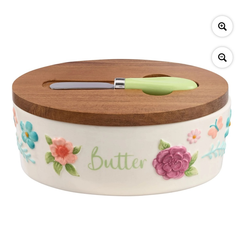 The Pioneer Woman Floral Butter Dish with Knife - Cream, Pink, Blue, Green